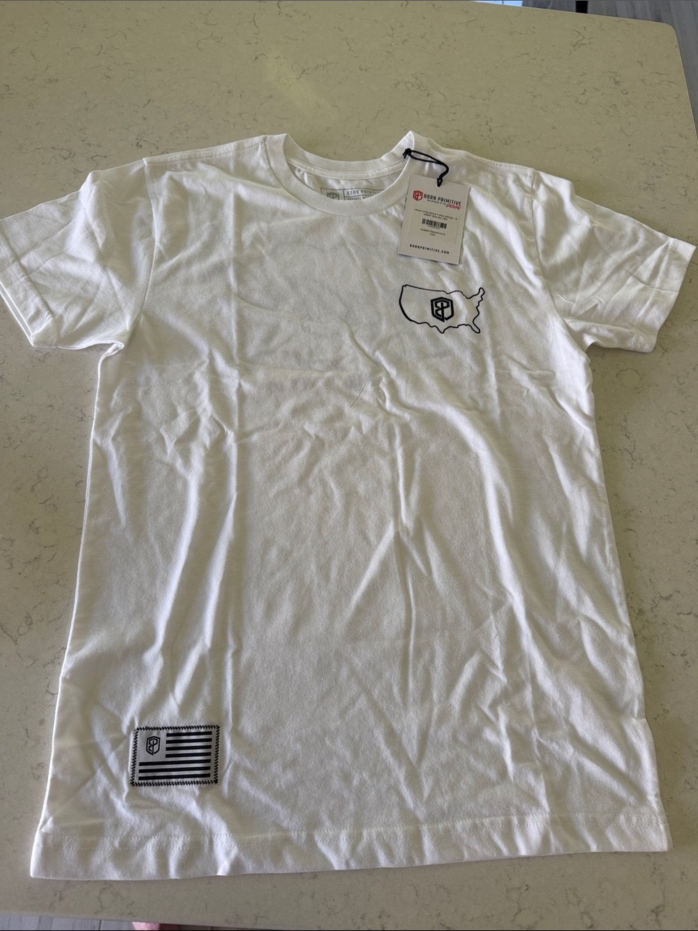 Born Primitive White Short Sleeve Tee with Black USA Outline & Chest Emblem